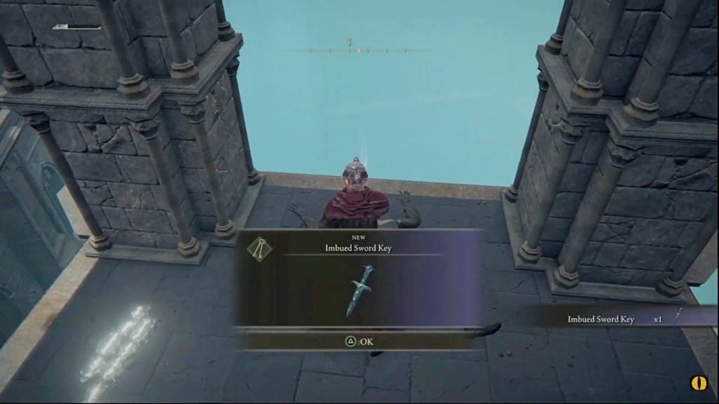 The player looting an Imbued Sword Key from a corpse in a tower.