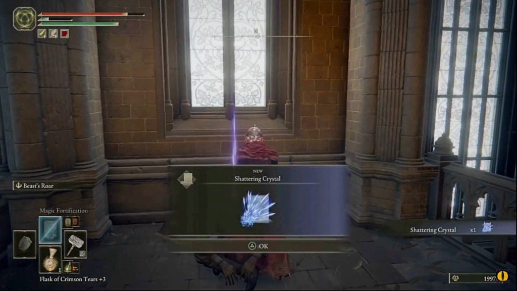 The player picking up the shattering crystal sorcery.