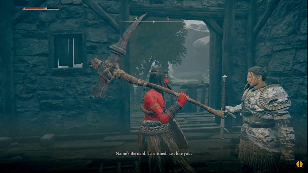 A player with red skin an a pickaxe is talking to knight Bernahl, whos is wearing silver armor. Bernahl is introducing himself.