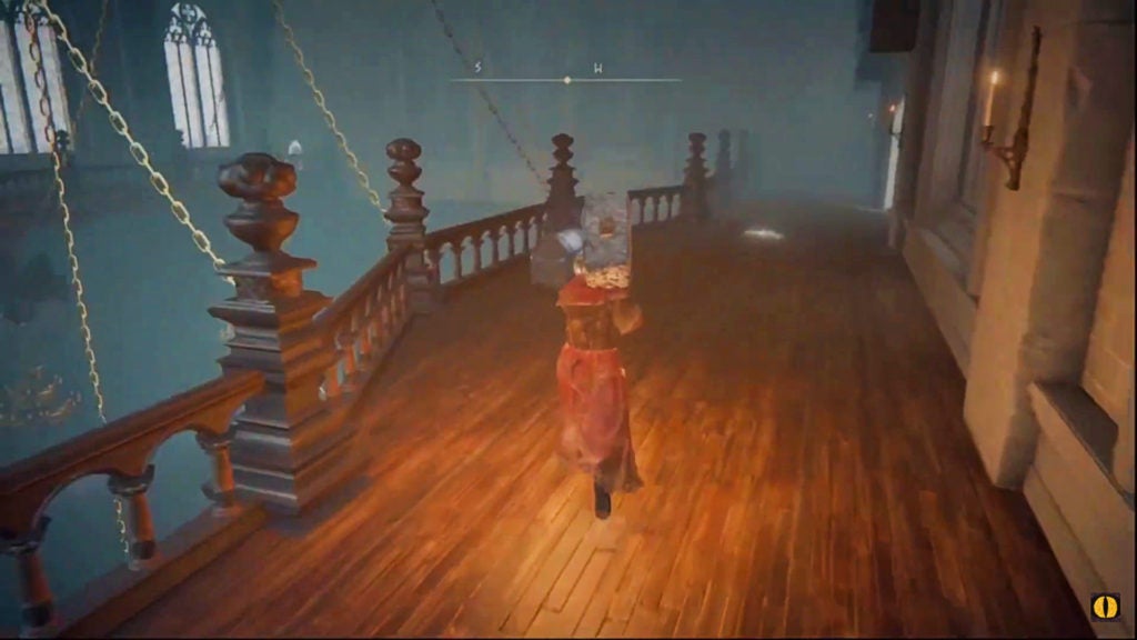 The player walking up to a chest on the wooden upper area above a debate parlor.
