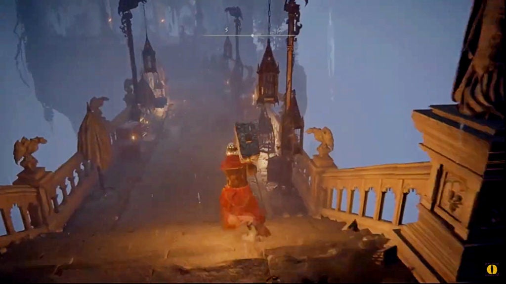A player with a hammer running across a dimly lit bridge.
