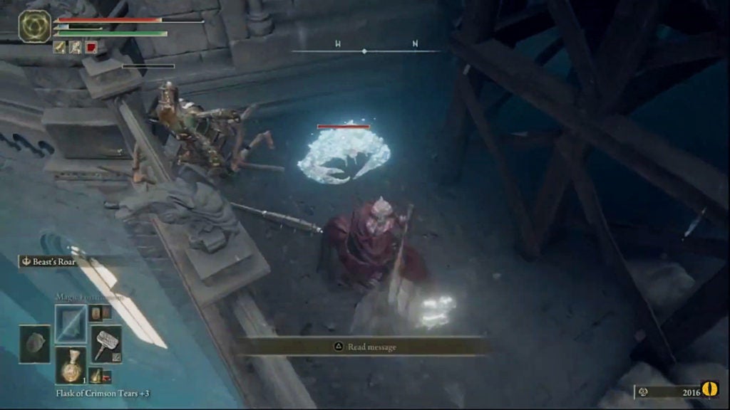 The player attacking a small crystal-covered crab next to a dead marionette soldier.