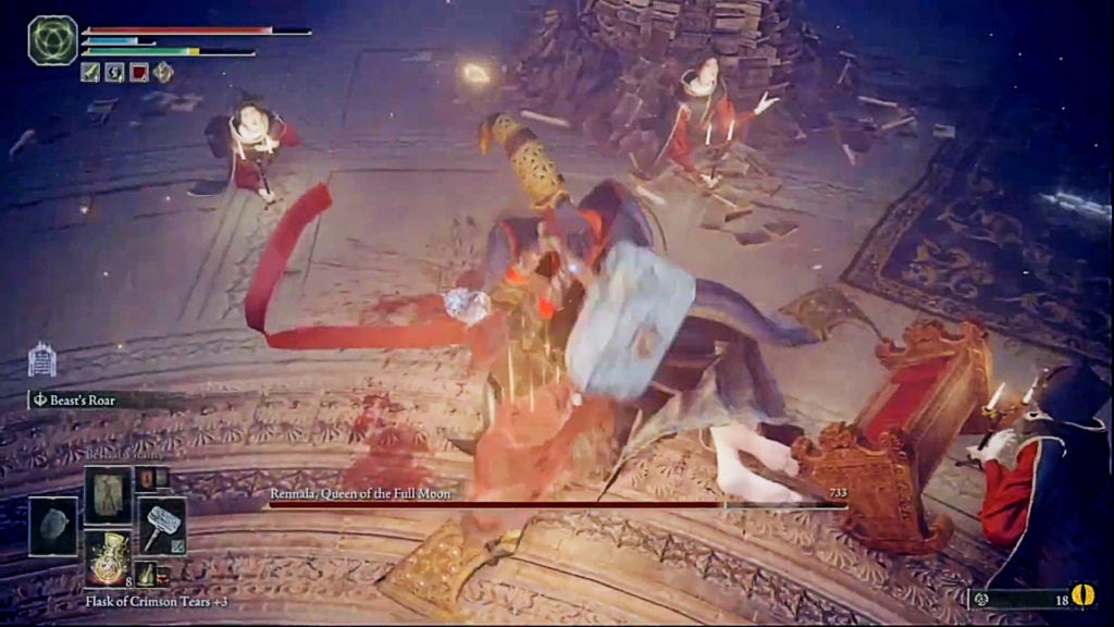 The player attacking Rennala while she is lying on the ground without her energy shield.