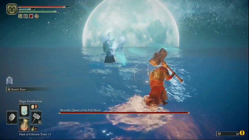 The player standing in a shallow lake staring at Rennala who is before a full moon and is charging a spell.