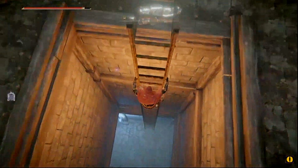 The player descending a ladder from a rooftop in Caria Manor.