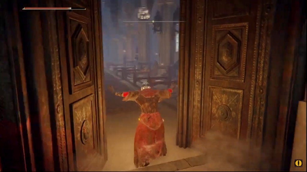 The player entering the large double doors that lead into the Cuckoo Church.