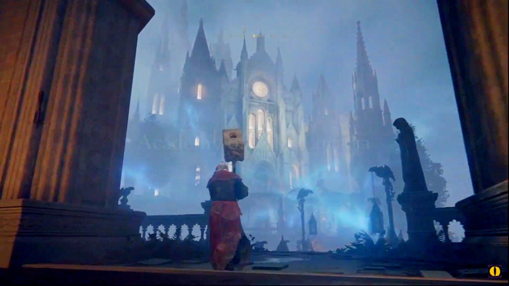A player with a hammer entering Raya Lucaria and looking up at its majestic buildings shrouded in blue fog.