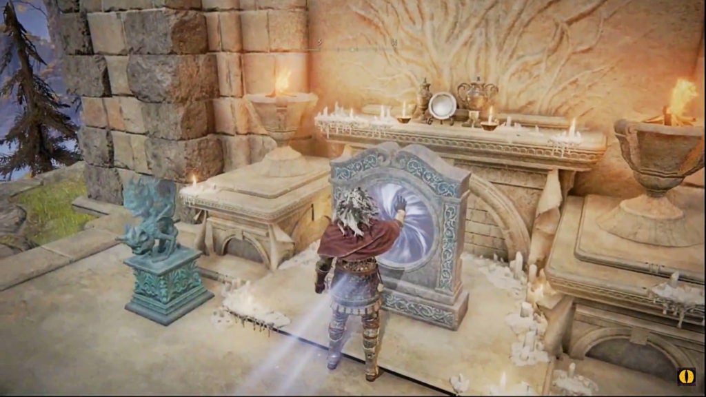 A player holding their hand out to a portal with swirling magic.
