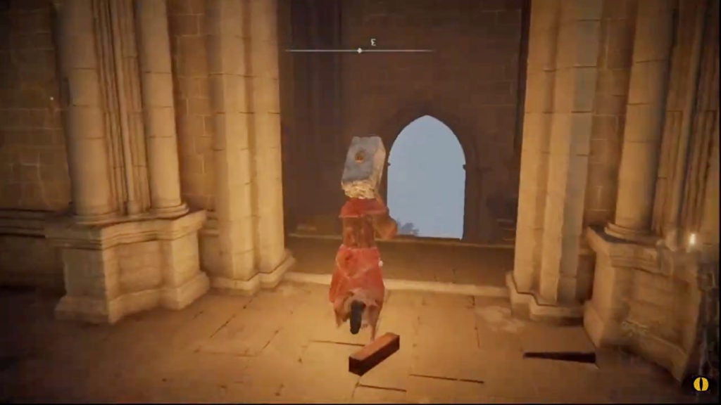 The player descending some stairs that lead out of a doorway of the Cuckoo Church.