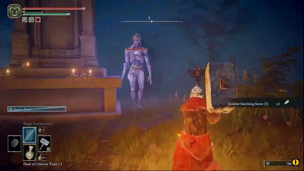The player facing a tall gray-skinned swordsman with no armor and a purple glow.