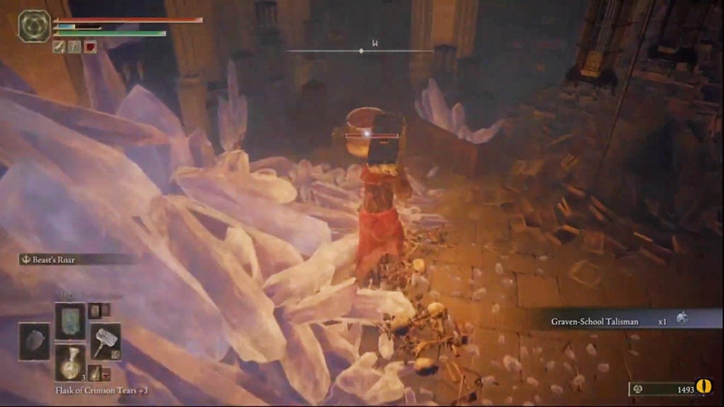 The player fighting a small living jar near a bunch of purple crystals.