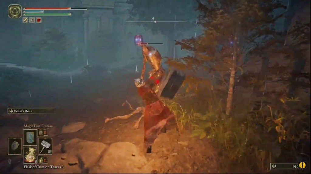 The player swinging their hammer at some large zombies that have blue eyes.