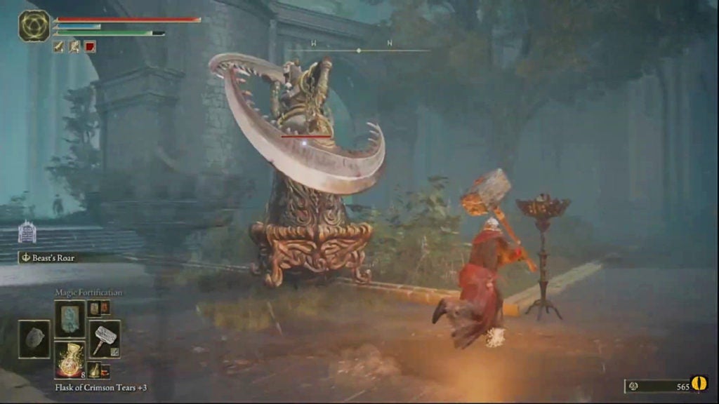 A statue with blades for arms is about to attack the player.