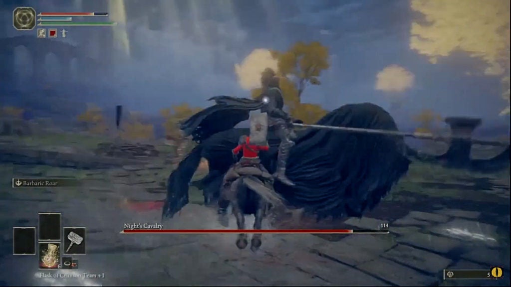 Player on a horse fighting the Night's cavalry, a boss that is a warrior with a halberd on a dark-cloaked horse.