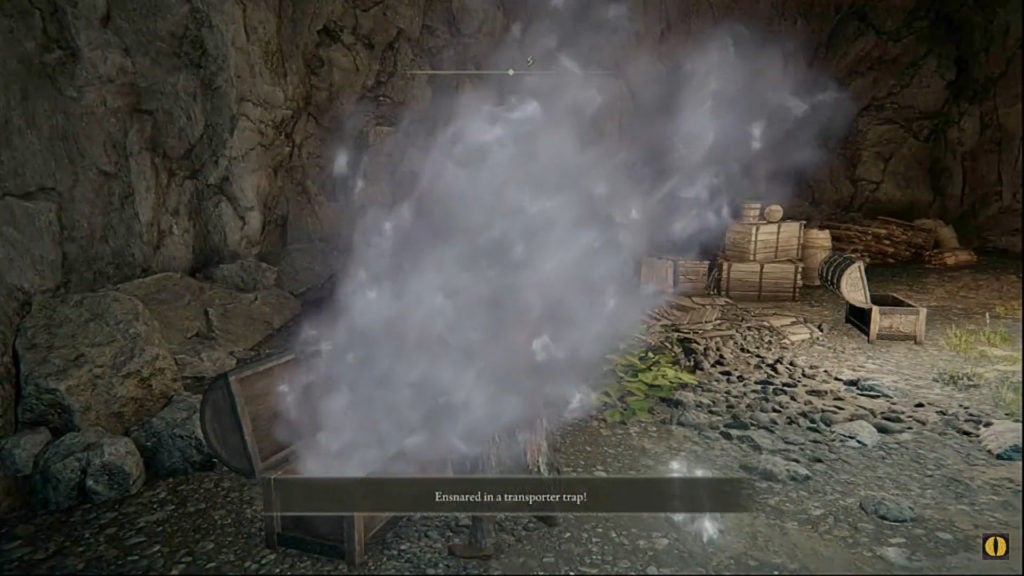 The player opening a treasure chest and getting enveloped in a gray smoke cloud that emerges from the chest.