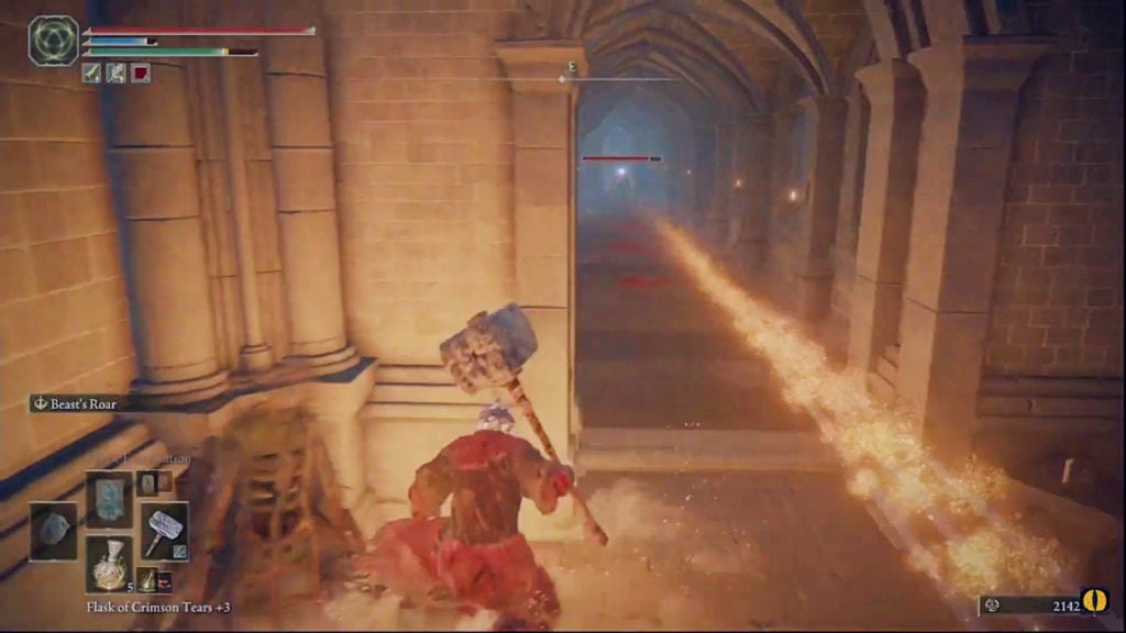 The player dodging some fire bolts coming down a hallway.