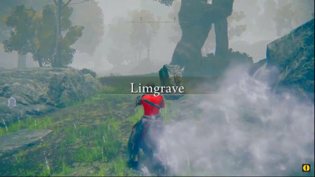 The player emerging from a smoke cloud to find themselves in East Limgrave's forest, just behind a huge bear.
