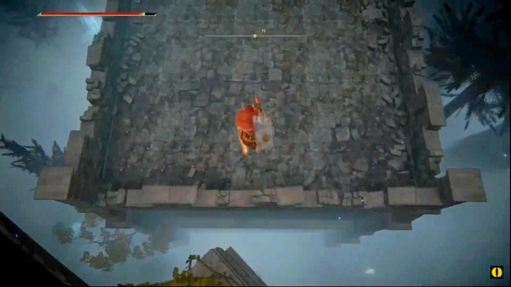 The player in mid-fall as they drop down purposefully from a ledge to a rooftop nearby.