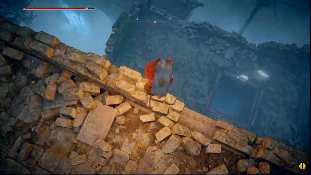 The player looking at a lower rooftop that has a hatch and a ladder leading downward.