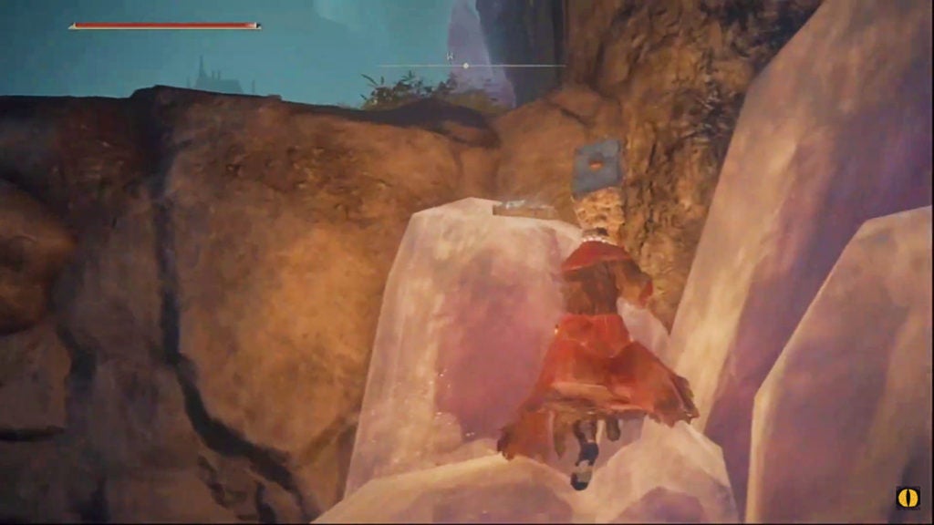 The player jumping up some purple crystals to reach a ledge.