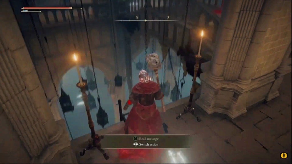 The player kicking down a ladder to open a shortcut in the Cuckoo Church.