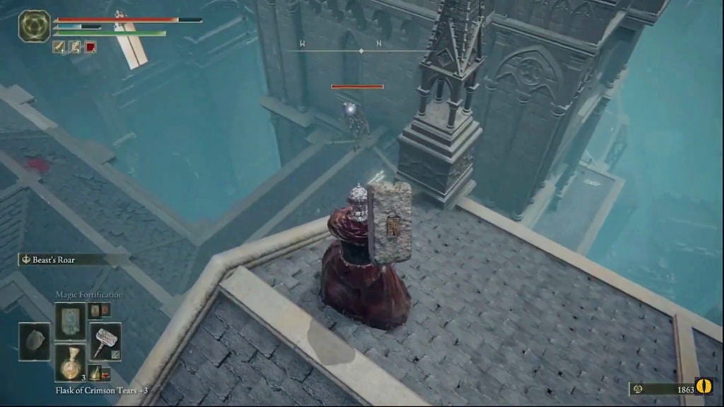The player locking onto a marionette soldier who is below them and to the northwest.