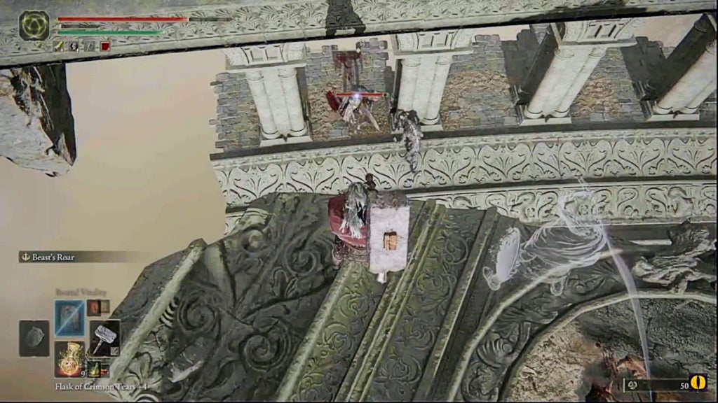 The player locking onto one of two beastmen on an area below them.