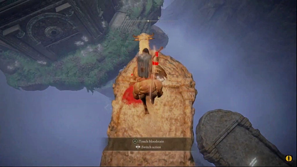 The player on a slab of stone overlooking a walking stone castle.