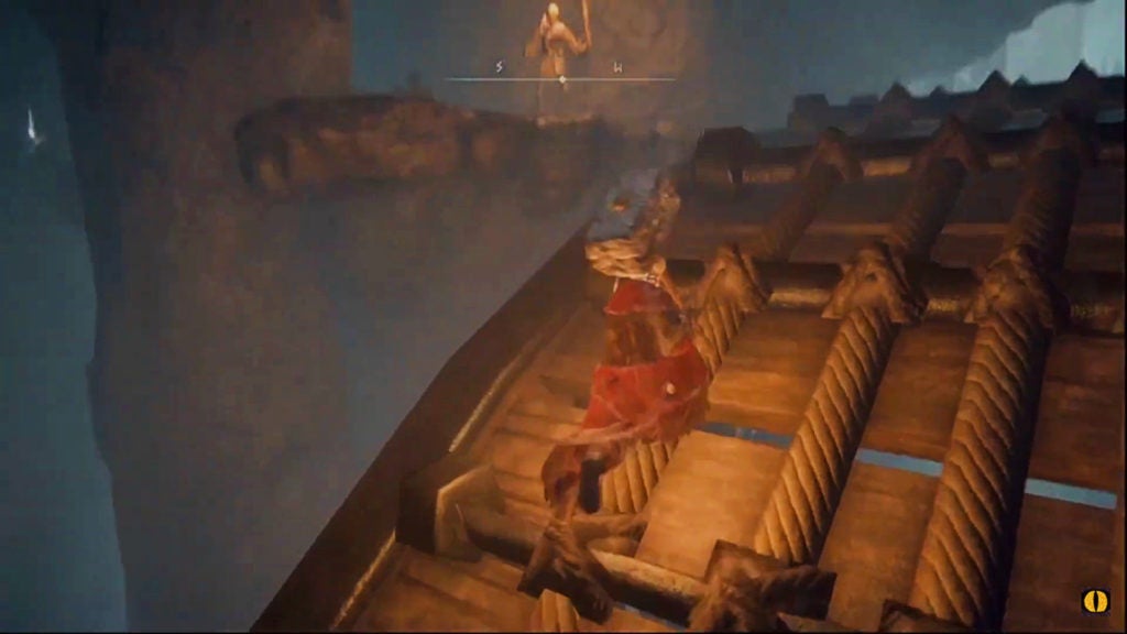 The player rising on the belt of the lift to reach a small cave.
