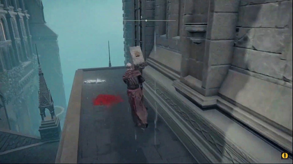 The player running to a ladder on a rooftop ledge.