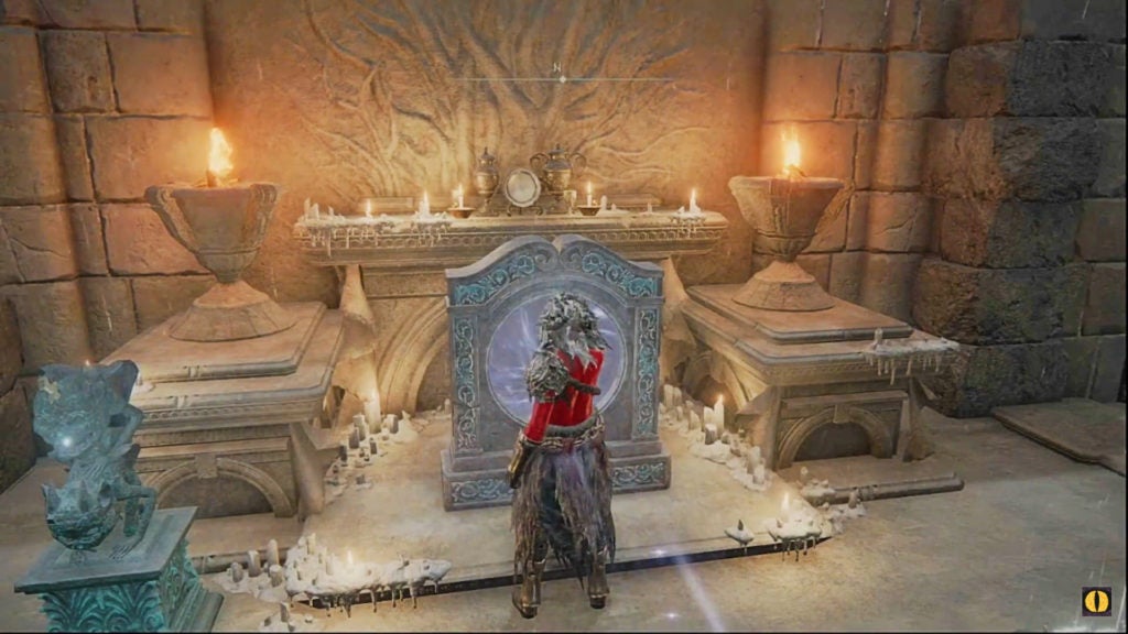 The player using a teleporter in front of a belfry.