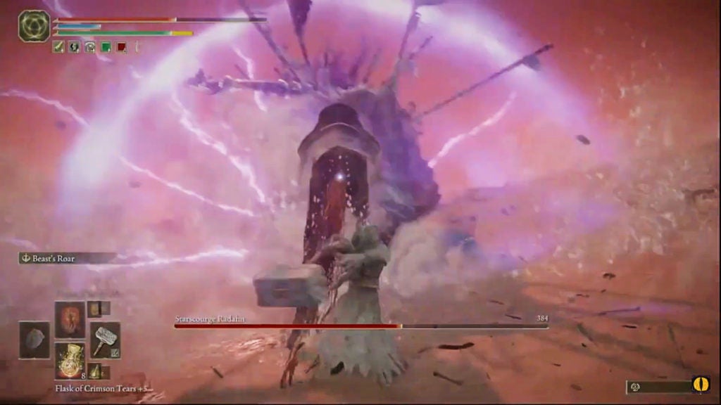 Starscourge Radahn slamming the ground in front of himself with purple magic while the player approaches from behind.