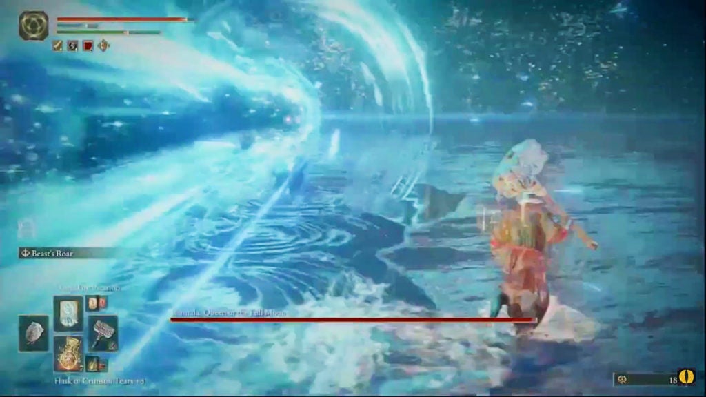Rennala casting a huge beam of blue energy at the player.