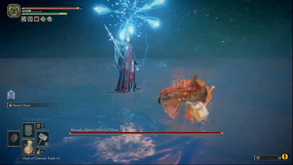 Rennala casting a spell that creates 8 homing orbs of blue energy that chase the player.