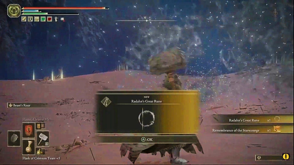 Victory screen shown after beating Starscourge Radahn with the items the player gets.