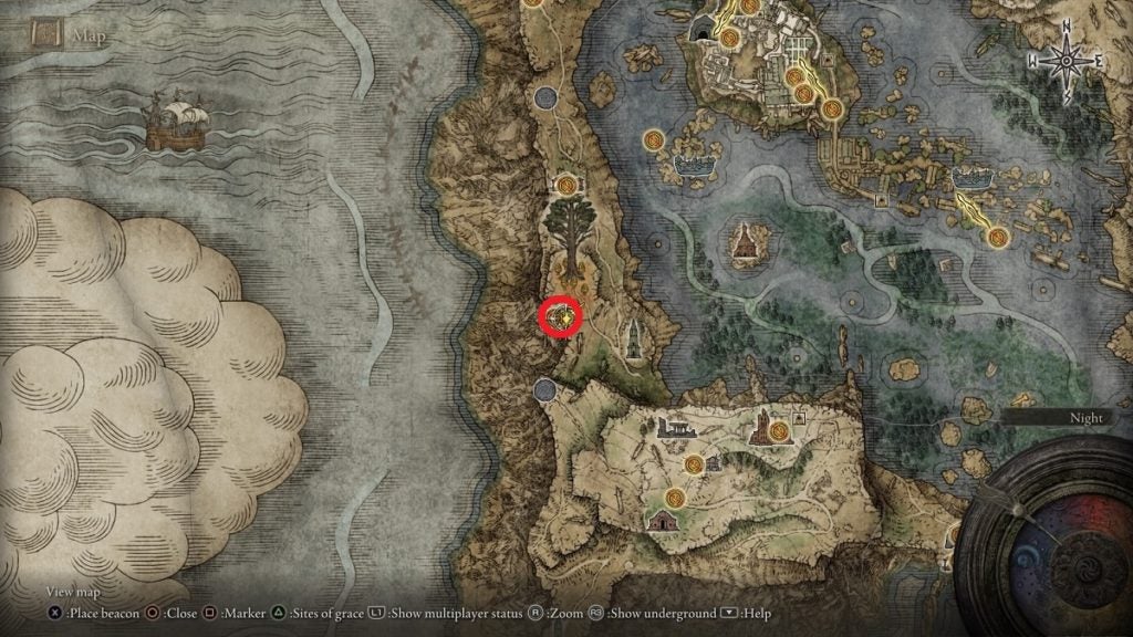 The location of Road's End Catacombs in Elden Ring.
