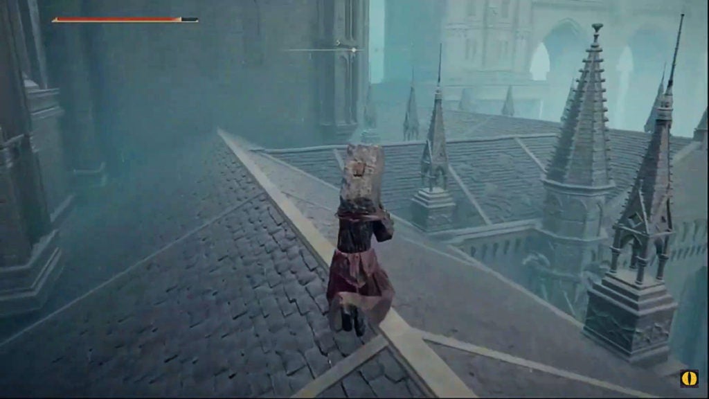 The player running along rooftops towards the south.