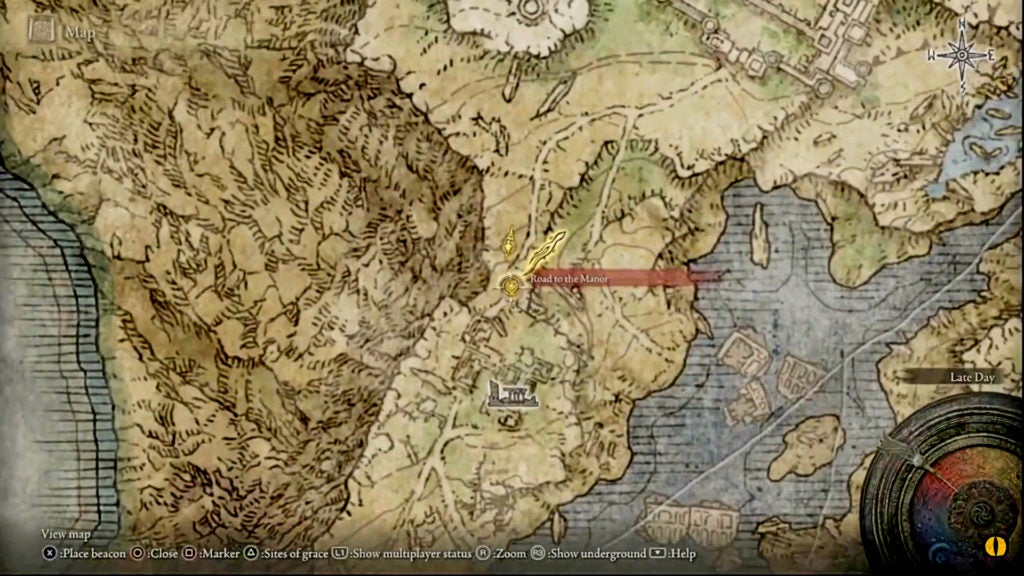 The map showing the Road to the Manor Site of Grace where the player can find Smithing Master Iji.