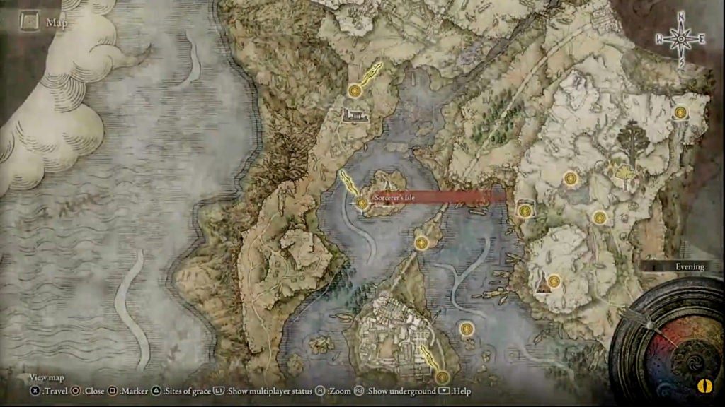 Cursor hovering over the Sorcerer's Island Site of Grace on the map. The island is in the north of Liurnia's huge lake.