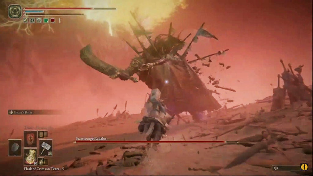 The player approaching Starscourge Radahn from behind with riding a steed.