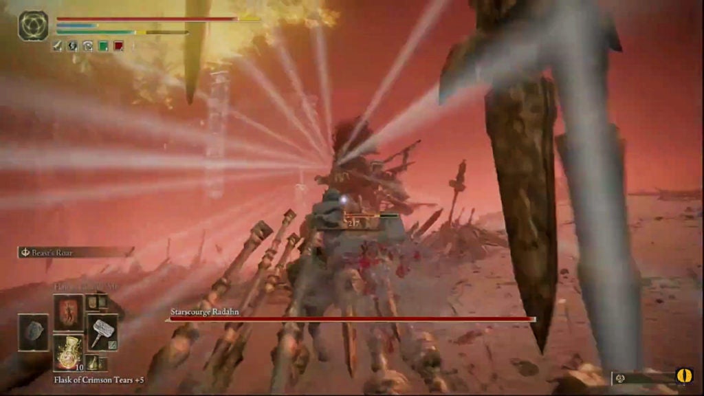 Starscourge Radahn firing multiple arrows at the player at once.