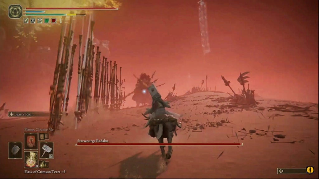 The boss causing many greatarrows to continuously hit the ground and follow the player.