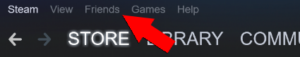 The "Friends" option being point at by a read arrow in the top right corner of the Steam App.