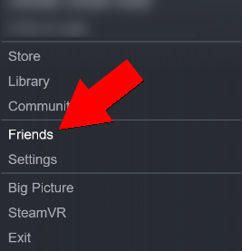 The Menu that appears when the Steam icon is selected. The Friends option is being pointed at by a red arrow.