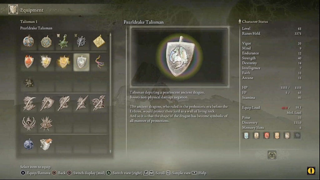 The item description in the items menu mentioning that the Pearldrake Talisman increases physical defense stats.