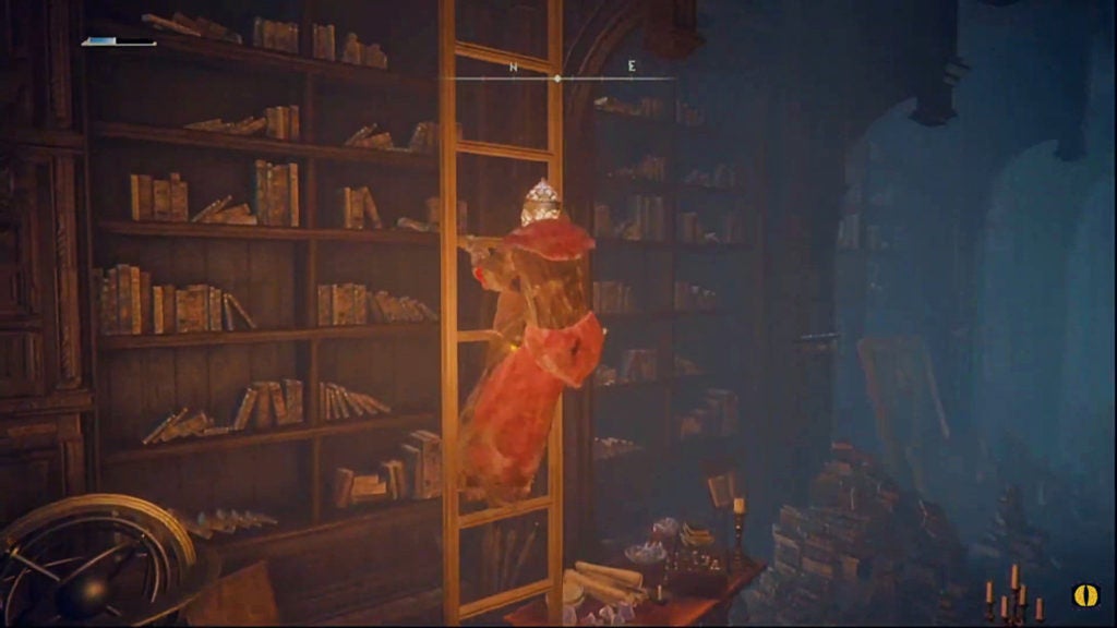 The player climbing a ladder in front of a huge bookshelf with many books.