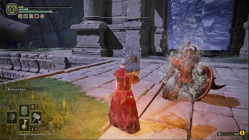 The player standing next to an armored foe who is on their knees and is turning into white mist.