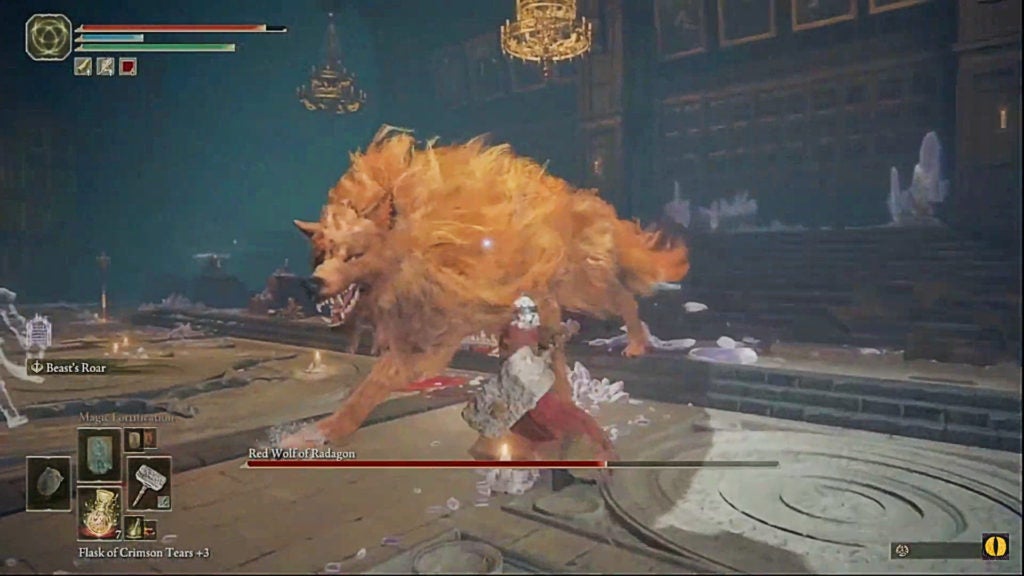 The player fighting a giant red wolf.