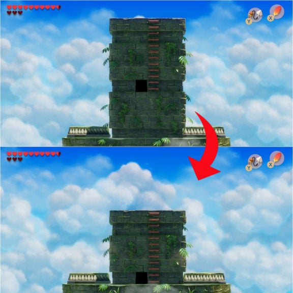 Top image showing the tower at full height and the bottom image showing it after it gets lowered. There is a red arrow pointing from the top image to the bottom one.