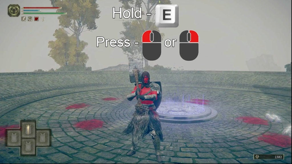 Player holding their hammer with 2 hands. The controls for how to do this are on the image: hold the E key and then left click or right click with the mouse".